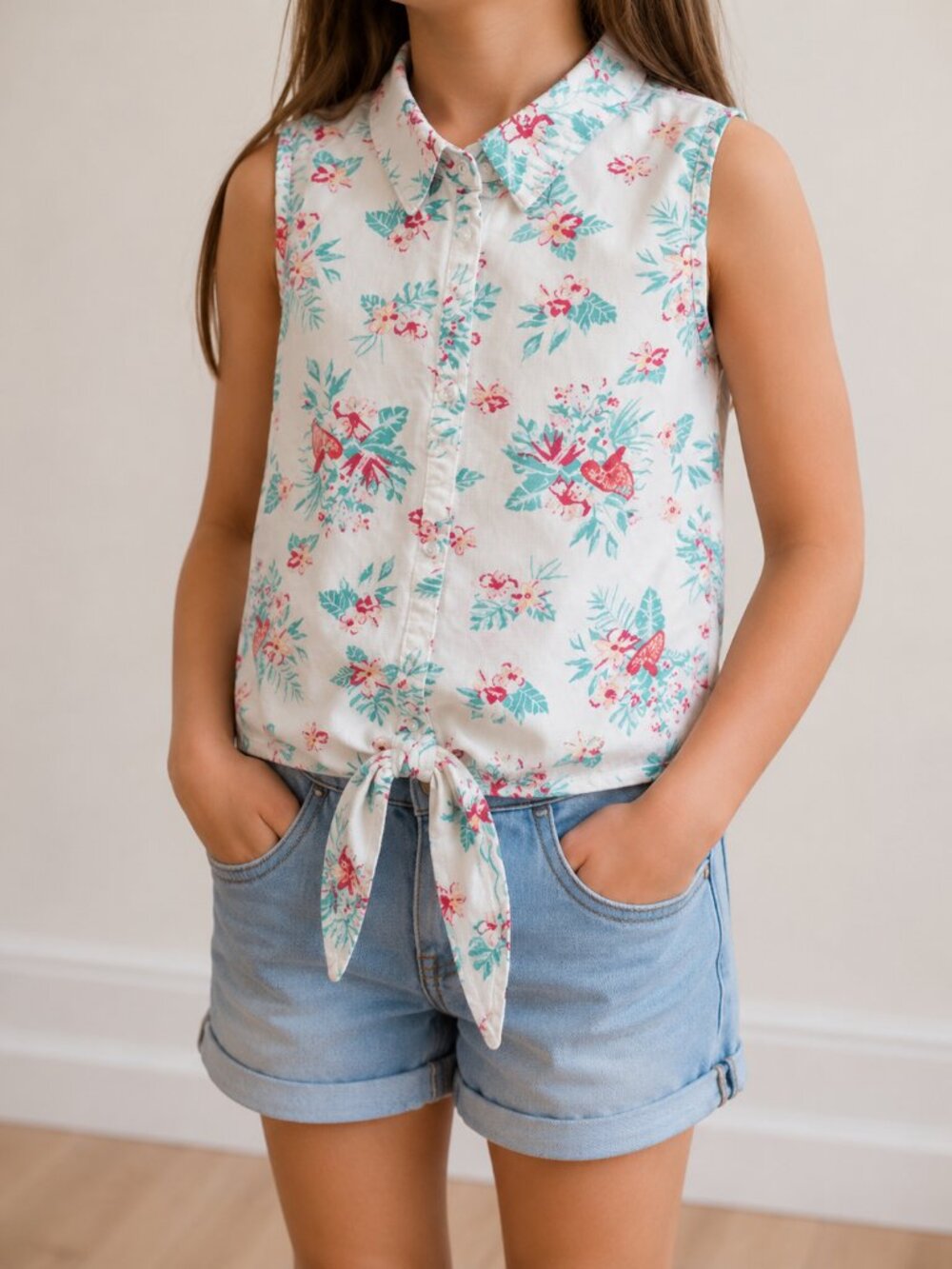 H&M Floral Tie-Front Sleeveless Top – Girls Size 8